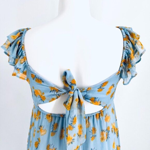 Lush Blue Yellow Floral Midi Dress Size Medium Flutter Sleeve Floral Tie Back - Picture 6 of 13